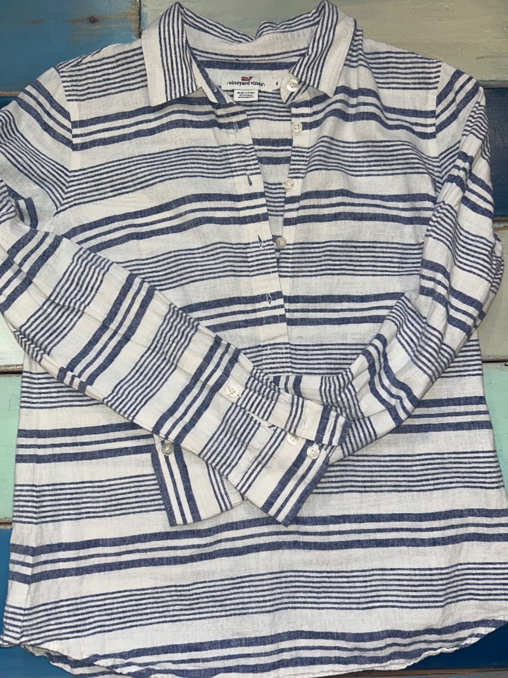 Vineyard Vines Blue White Striped Linen Blend Button Front Shirt Women's Size 4